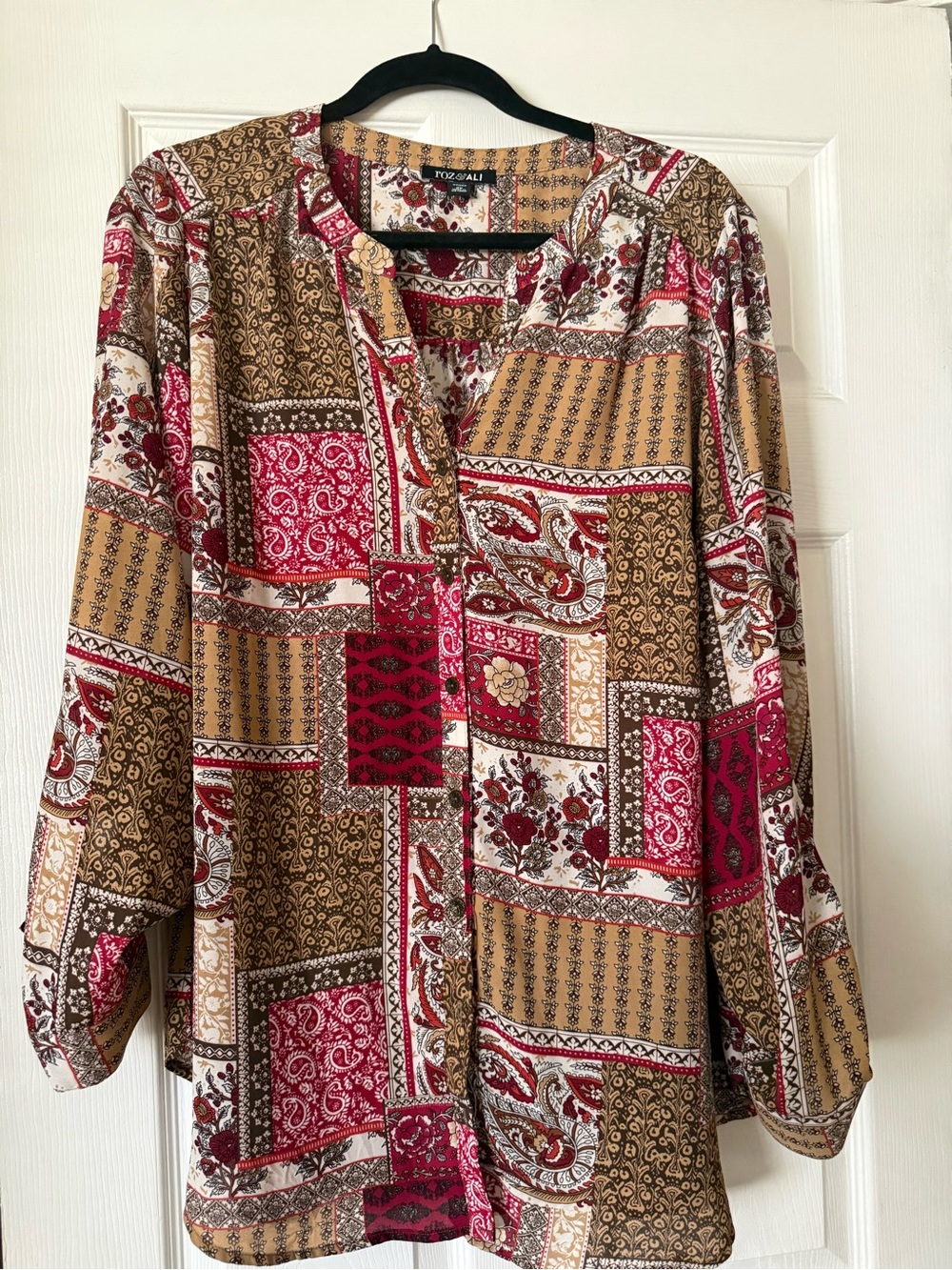Roz & Ali Patchwork Paisley Blouse in Tan & Red